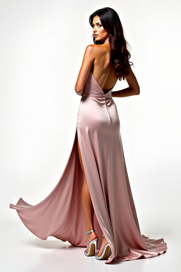 Robe de bal dos nu dos nu en satin fard à joues avec fente latérale